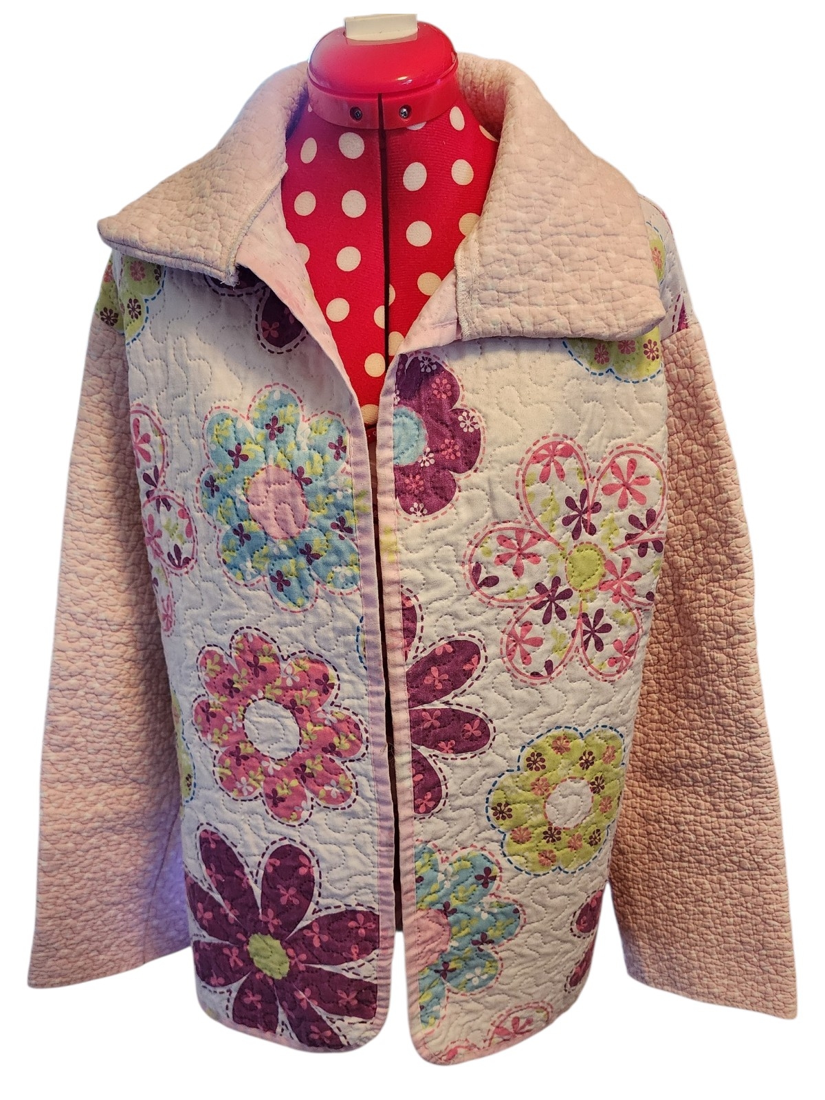 Repurposed Quilt Floral Patchwork Jacket Light Pink Lightweight Boho Vintage